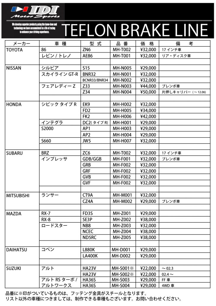 IDIテフロン ブレーキライン マッチングリスト
